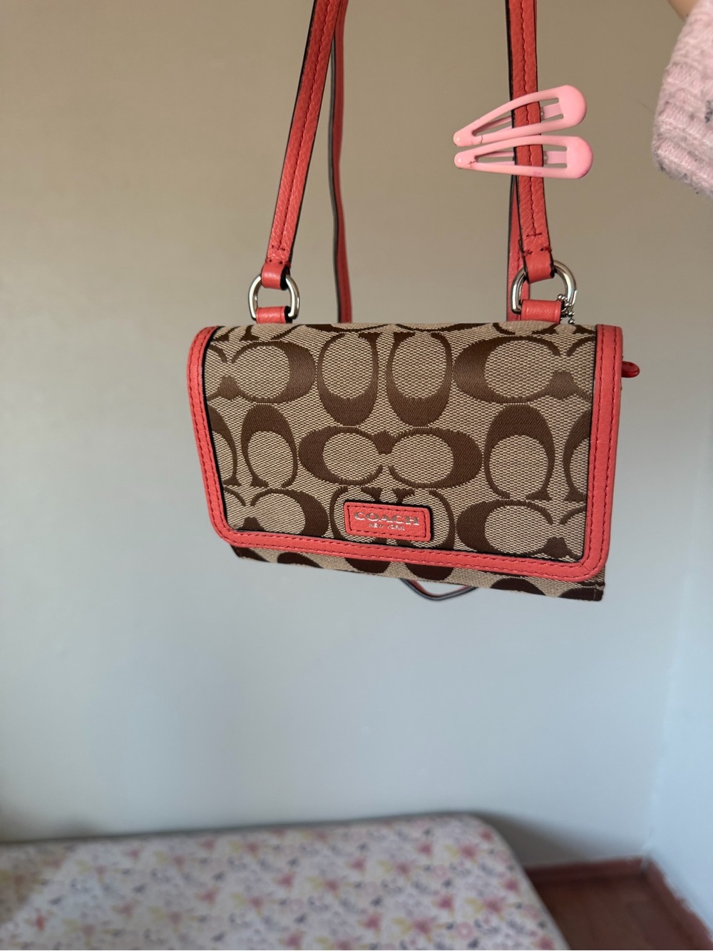 Coach Signature Canvas Crossbody in Coral Trim